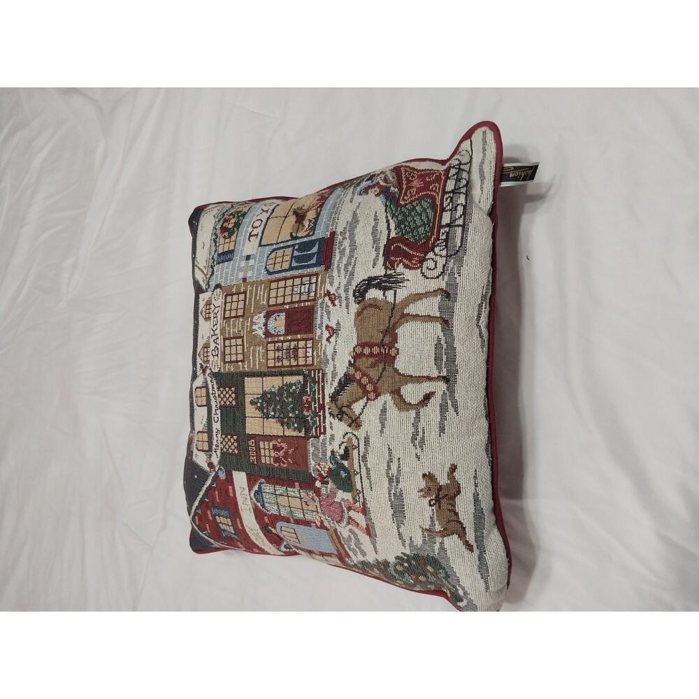 Tapestry Winter Village With Horsevand Sleigh Scene Throw Pillow Size 18x18